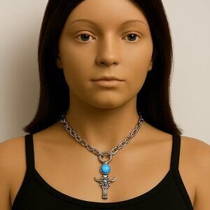 Calvin Klein Silver Bull Skull Pendant Necklace Turquoise Stone – Boho Jewelry
